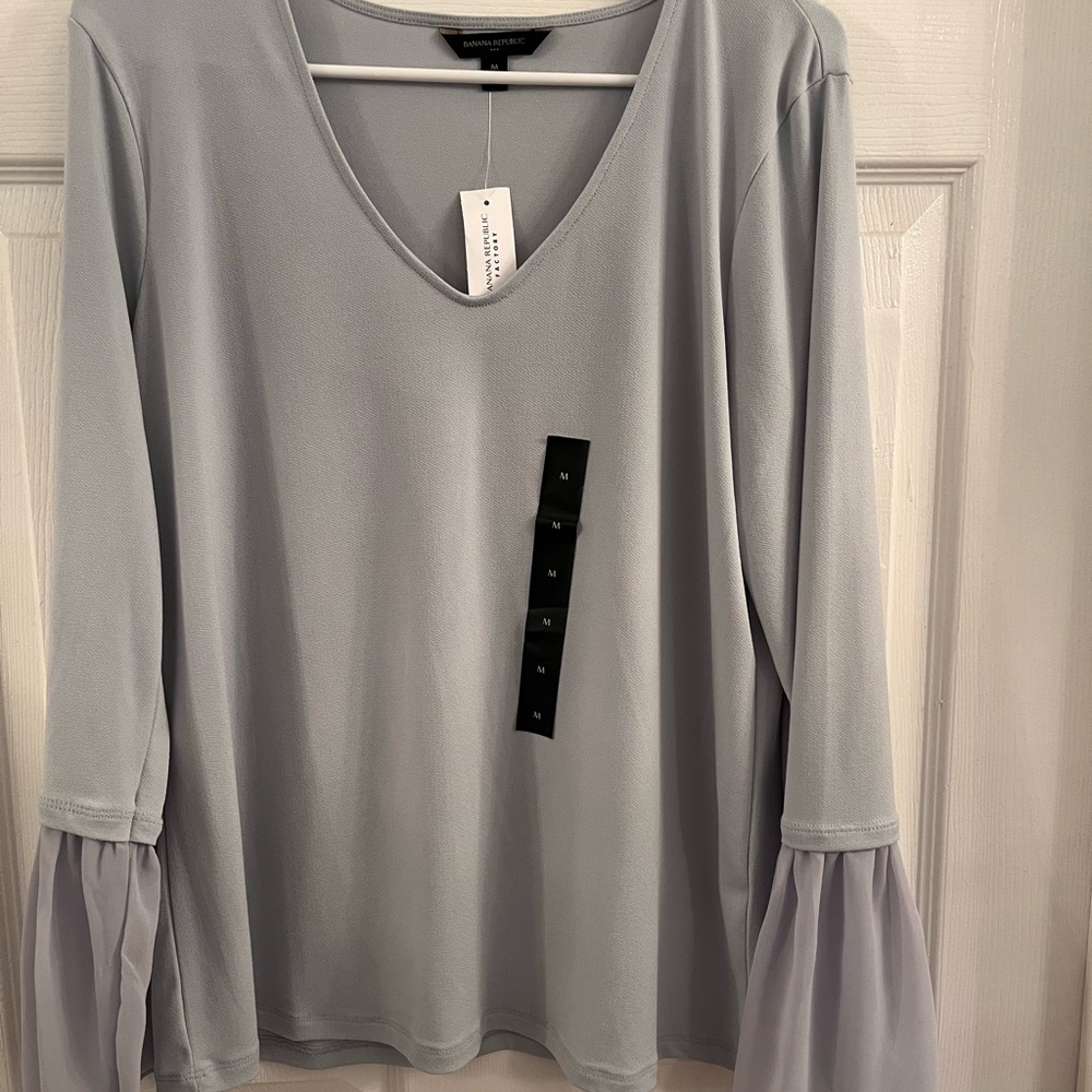 Banana Republic Gray V-Neck Top with Sheer Bell Sleeves